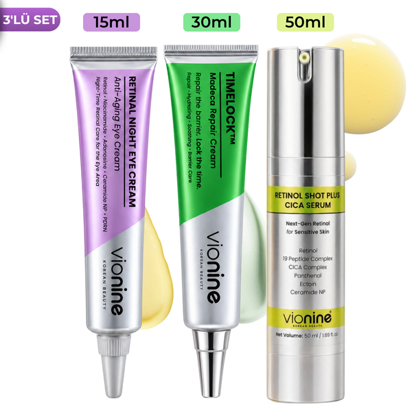 Vionine 3’lü Retinol Cilt Bakım Seti - Retinol Serum + Göz Kremi + Madeca Krem