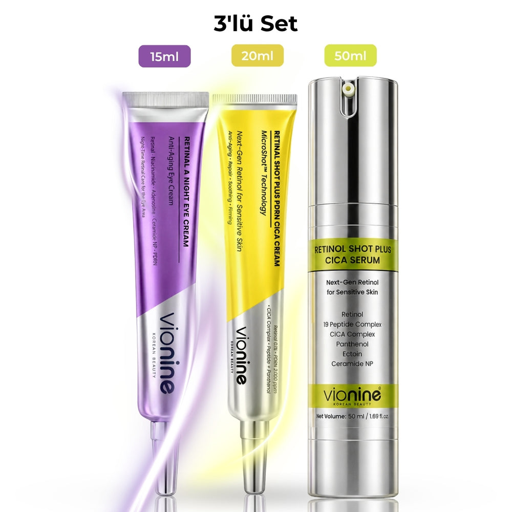 Vionine Gece Bakım Seti 3'lü Set - Retinol Serum + Retinal Krem + Göz Kremi