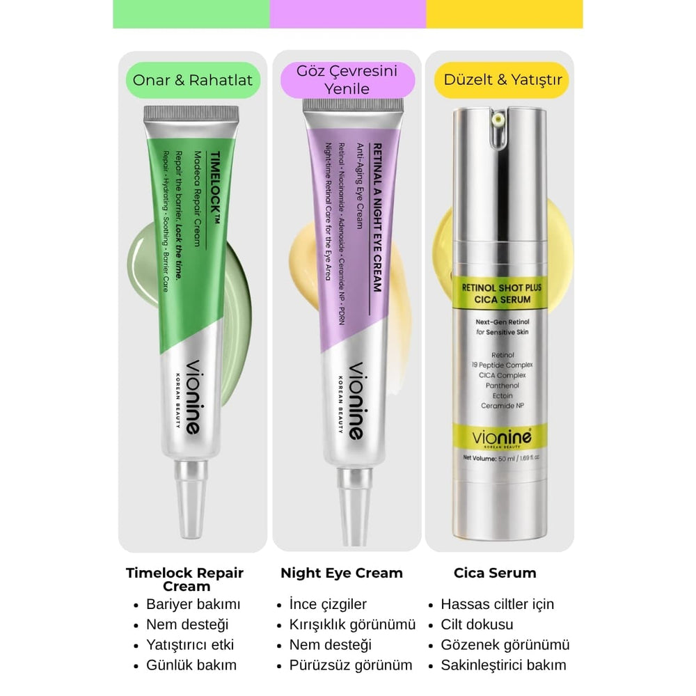 Vionine 3’lü Cilt Yenileme ve Bariyer Bakım Seti - Retinol Serum + Göz Kremi + Madeca Krem