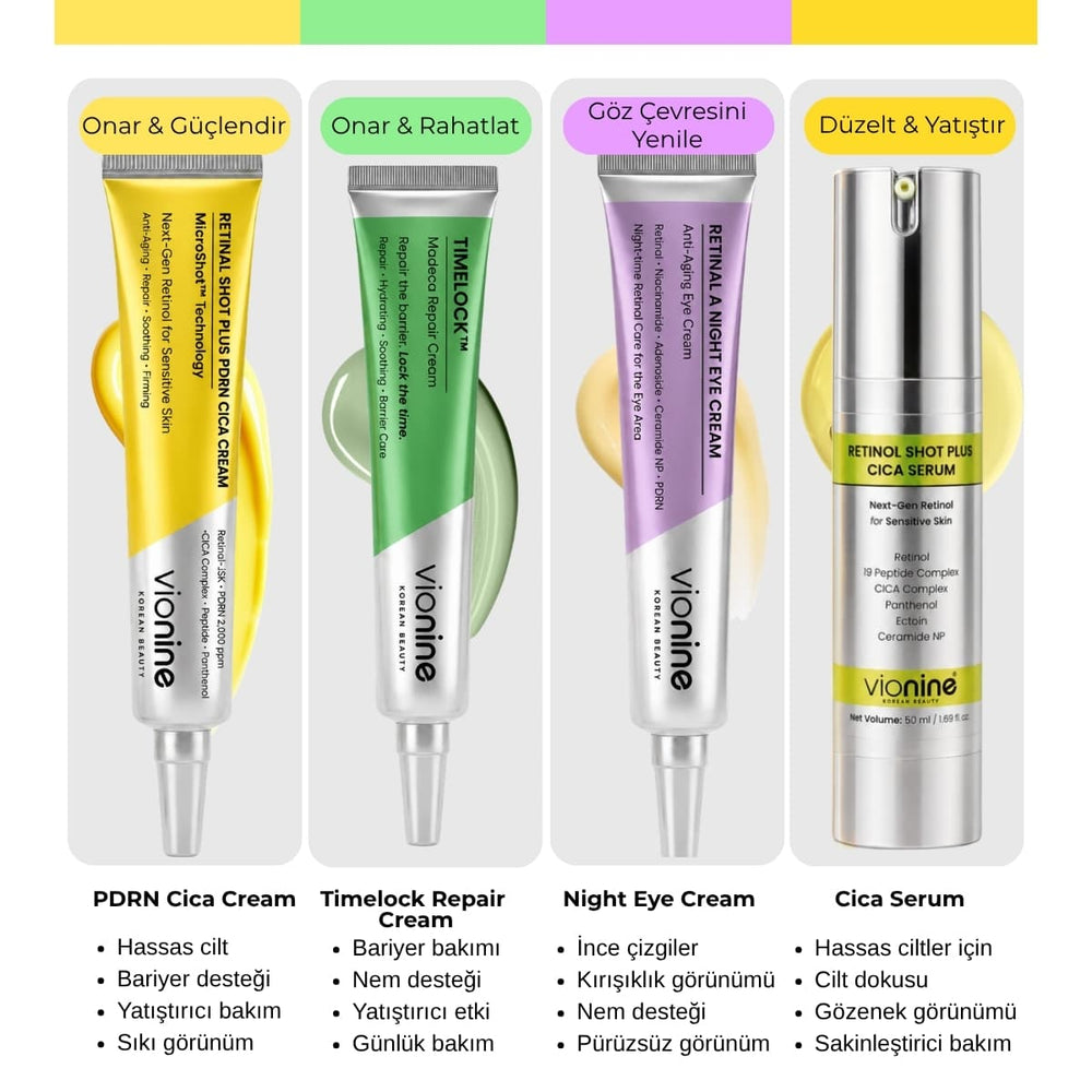 Vionine 4’lü Cilt Yenileme ve Bariyer Bakım Seti - Retinol Serum + Retinal Krem + Göz Kremi + Madeca Krem
