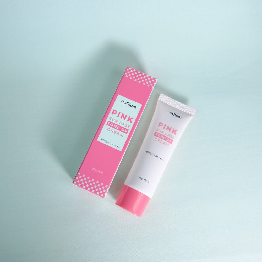 VioGlam Pink Sun Base Tone Up Cream SPF50 PA+, güneş koruyucu ve cilt tonunu eşitleyen pembe dokunuşlu krem