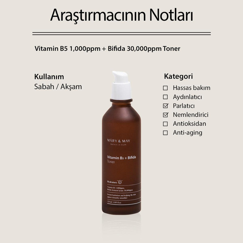 Kuru Ciltler İçin Yoğun Nemlendirme Sağlayan Onarıcı Vitamine B5 + Bifida Toner 120 mL - Mary & May - Vionine