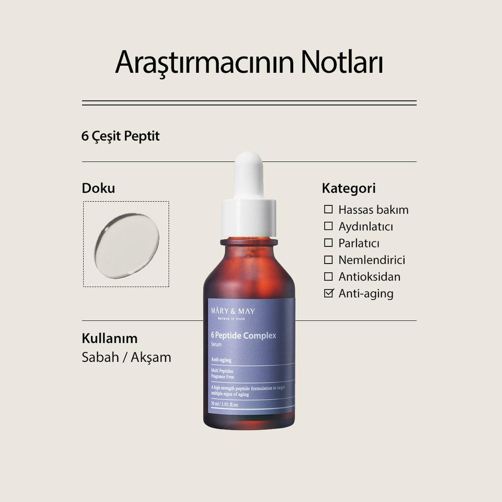 Peptide Serum 6 Çeşit Peptit İçeren Elastikiyet Kaybı ve Yaşlanma Karşıtı Anti Aging Serum 30 mL - Mary & May - Vionine