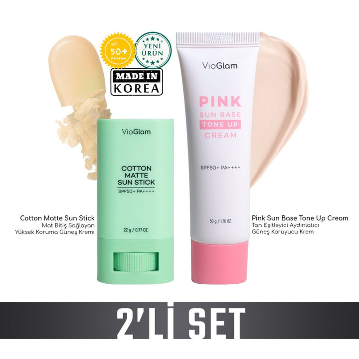 2'Li VioGlam Güneş Kremi Fırsat Paketi / Cotton Matte Sun Stick + Pink Tone Up SPF50+ PA++++ - VioGlam - Vionine