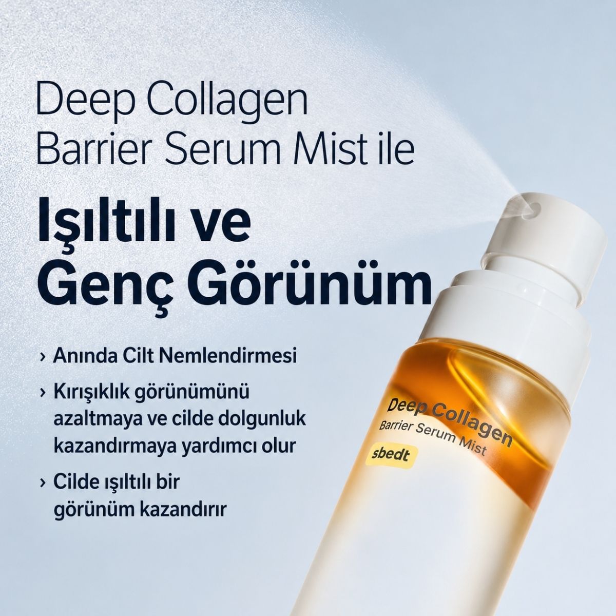 300 Da ultra mikro kolajen içeren formülüyle bariyer hasarı ve kuruluğa yönelik güçlendirici, nemlendirici serum mist.