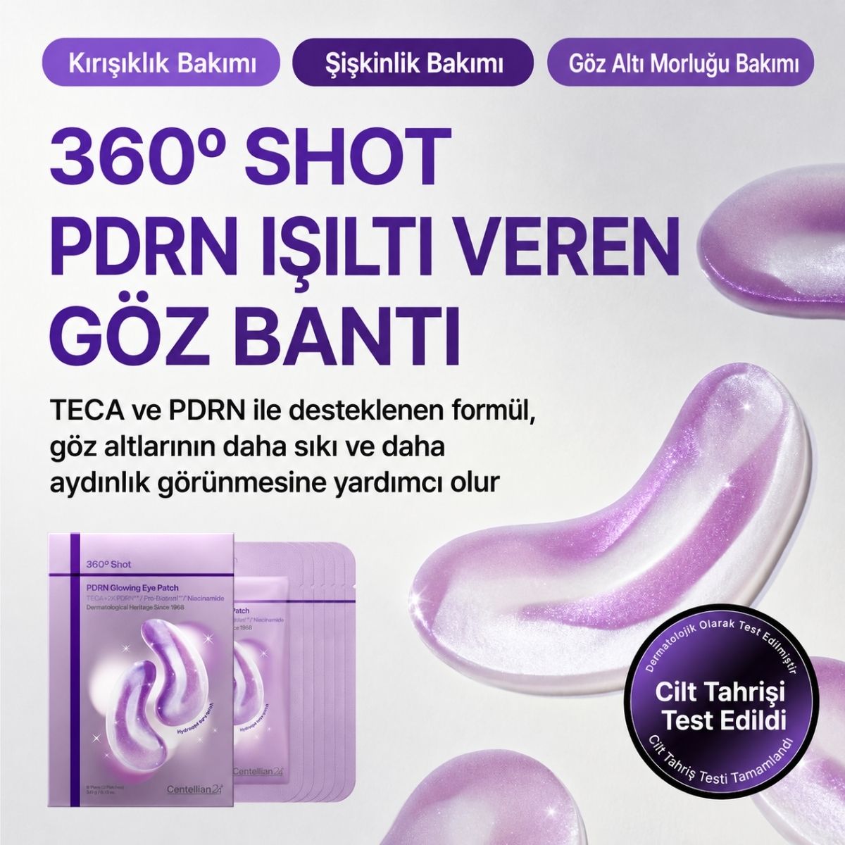 TECA kompleksi ve 2X PDRN içerikli hydrogel pedler; 4. nesil retinol ve Acetyl Hexapeptide-1 ile göz çevresi bakımı.