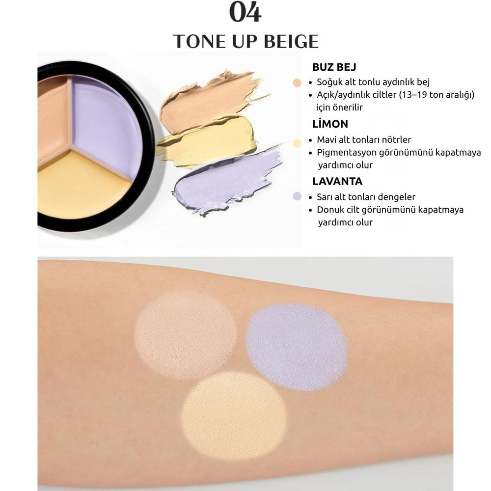 The Saem Cover Perfection Triple Pot Concealer 04 Tone Up Beige - Ton Eşitleyici Üçlü Kapatıcı Palet