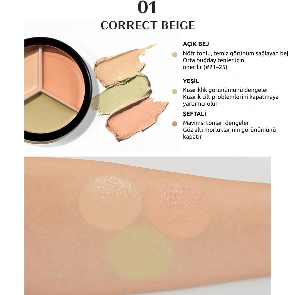 The Saem Cover Perfection Triple Pot Concealer 01 Correct Beige - Renk Düzenleyici Üçlü Kapatıcı Palet