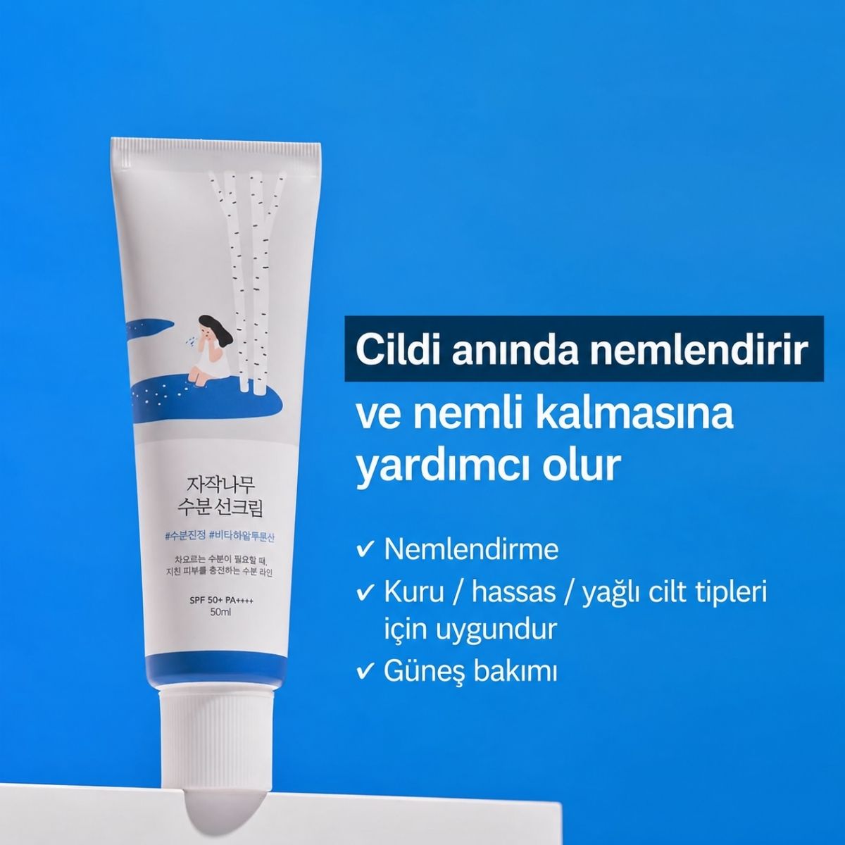 Huş Ağacı Özü ve Niacinamide ile donuk ciltlere SPF50+ PA++++ koruması ve aydınlık görünüm veren güneş kremi.