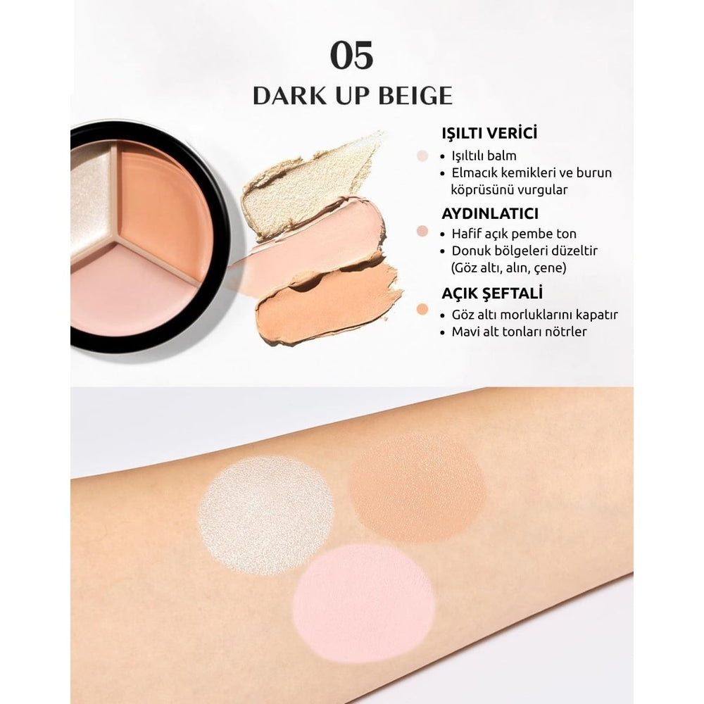 The Saem Cover Perfection Triple Pot Concealer 05 Tone Up Beige - Ton Eşitleyici Üçlü Kapatıcı Palet