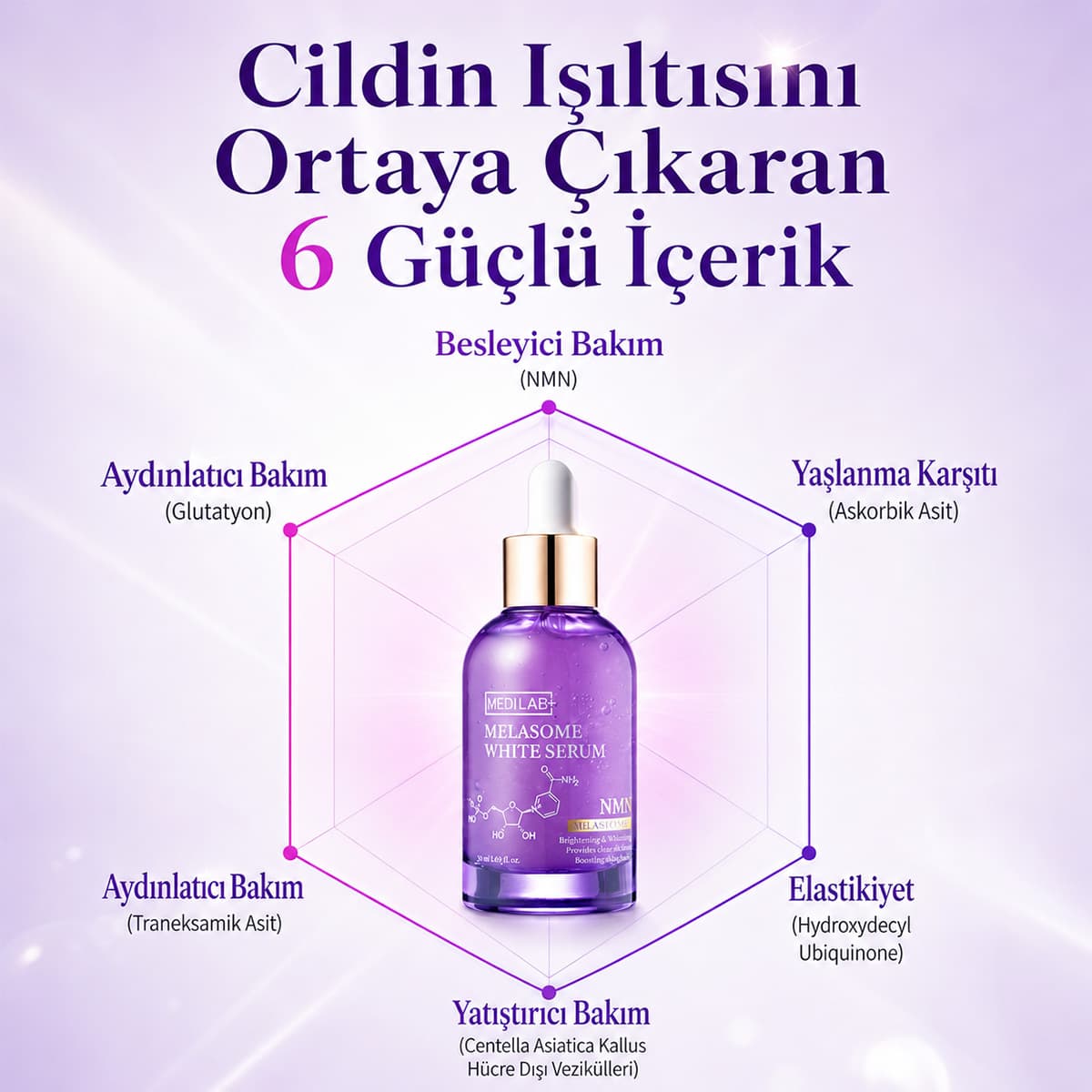 NMN, saf C vitamini ve traneksamik asit ile donuk cilt tonu ve leke görünümüne yönelik bakım serumu.