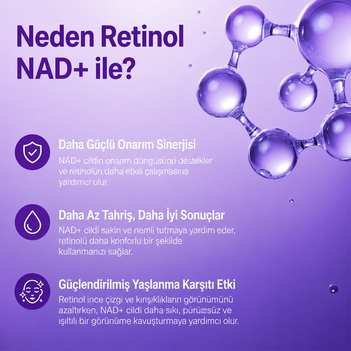 NAD+, Retinol ve 50 çeşit peptit ile ince çizgi, koyu halka ve yorgun görünüme karşı serum-krem dokulu göz bakımı.