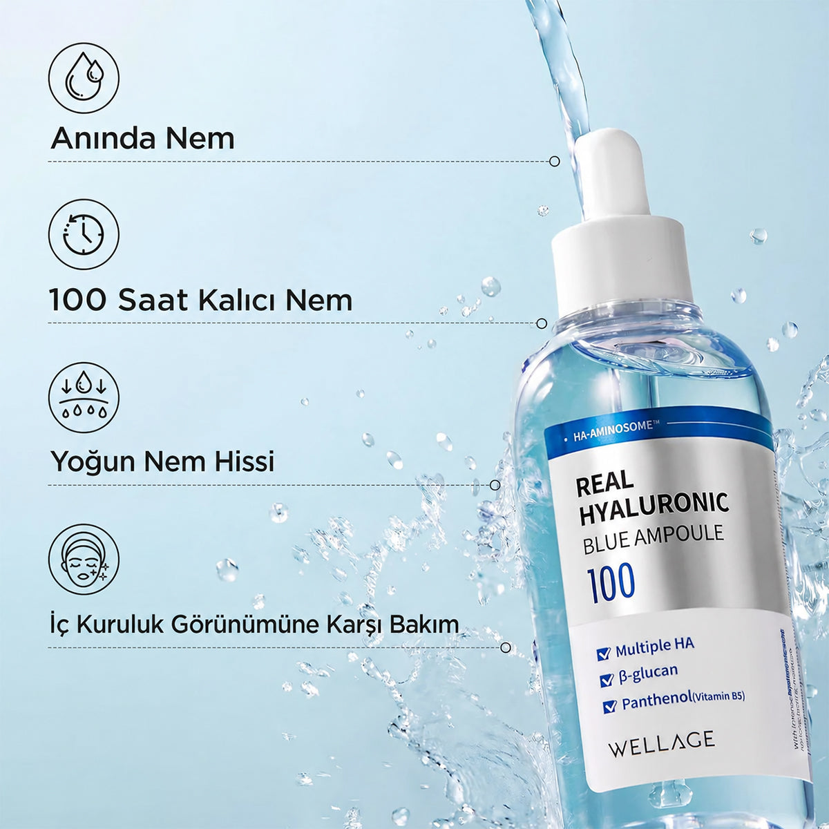Çok katmanlı hyaluronik asit ve panthenol gücüyle yapışkan his bırakmayan yoğun nem ampülü
