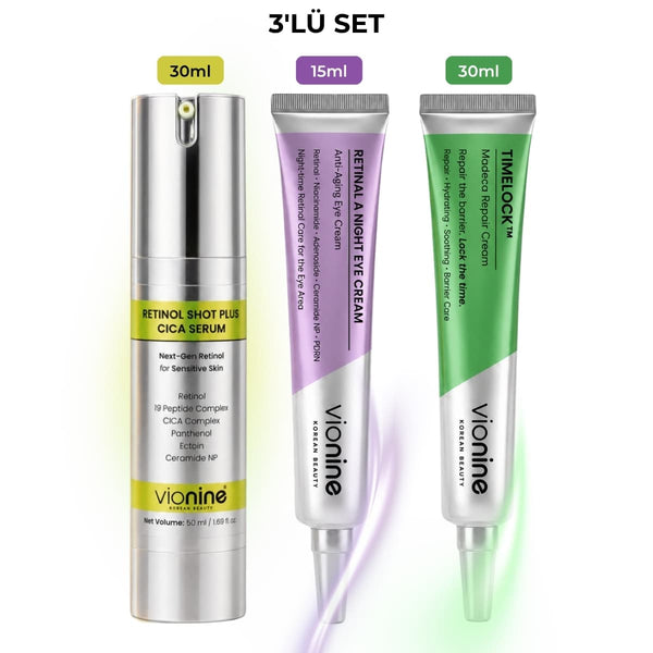 Vionine 3’lü Cilt Yenileme ve Bariyer Bakım Seti - Retinol Serum + Göz Kremi + Madeca Krem