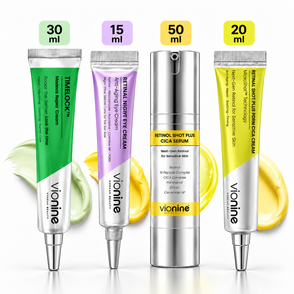 Vionine 4’lü Cilt Yenileme ve Bariyer Bakım Seti - Retinol Serum + Retinal Krem + Göz Kremi + Madeca Krem