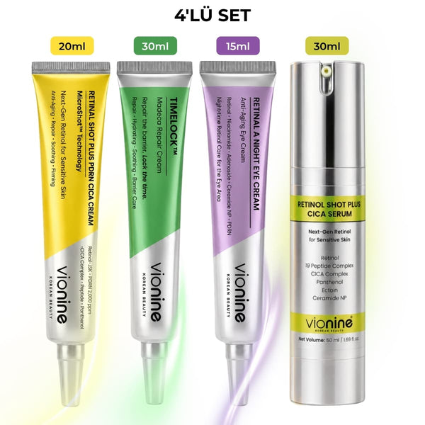 Vionine 4’lü Cilt Yenileme ve Bariyer Bakım Seti - Retinol Serum + Retinal Krem + Göz Kremi + Madeca Krem