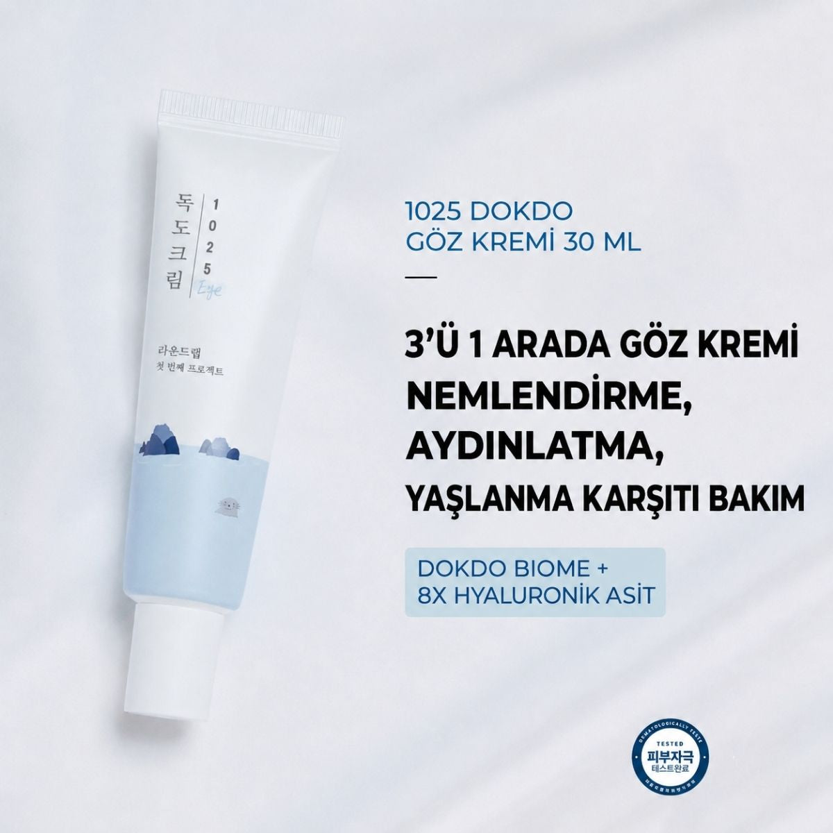 Dokdo derin deniz suyu ve 8 tip hyaluronik asitle nemli, aydınlık ve dinlenmiş göz çevresi
