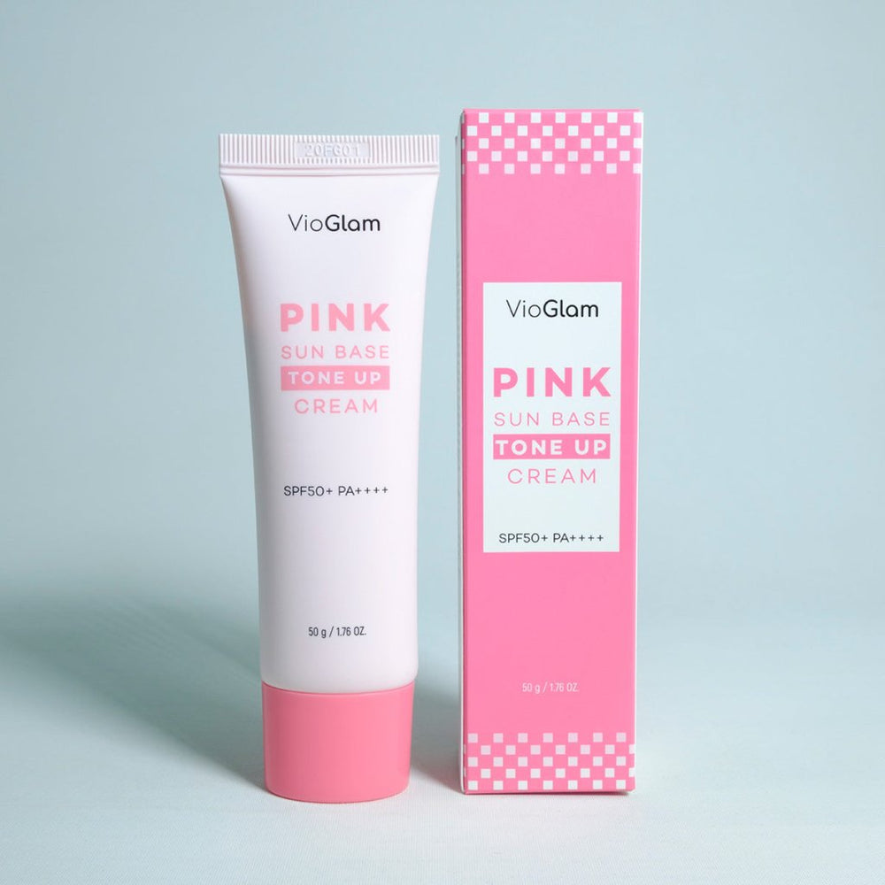 VioGlam Pink Sun Base Tone Up Cream SPF50 PA++++ güneş koruyucu ve ton eşitleyici pembe kremi.