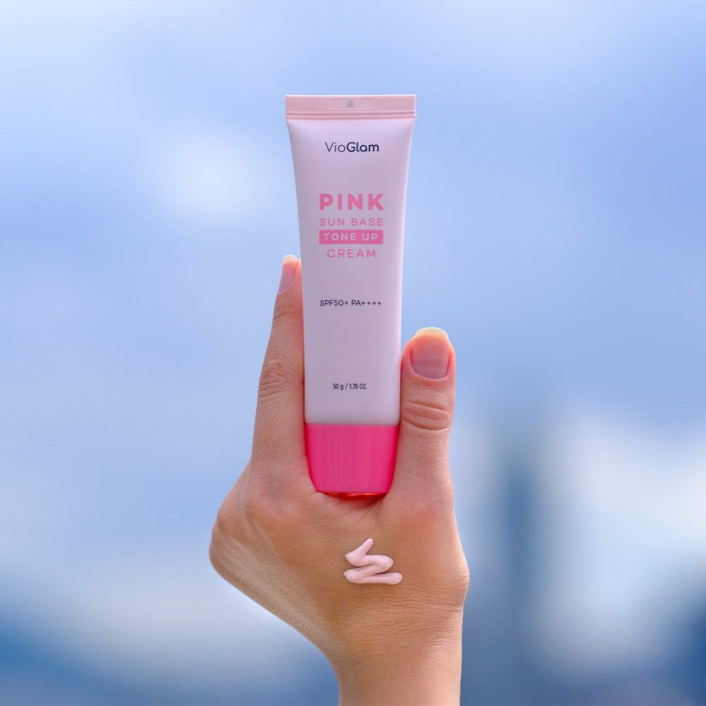 VioGlam Pink Sun Base Tone Up Cream SPF50 PA+, güneş koruyucu ve cilt tonunu eşitleyen pembe tonlama kremi.