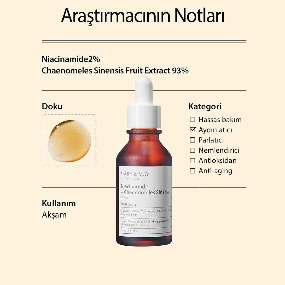 Beyazlatıcı, Ton Eşitleyici Niacinamide + Chaenomeles Sinensis Serum 30 mL - Mary & May - Vionine