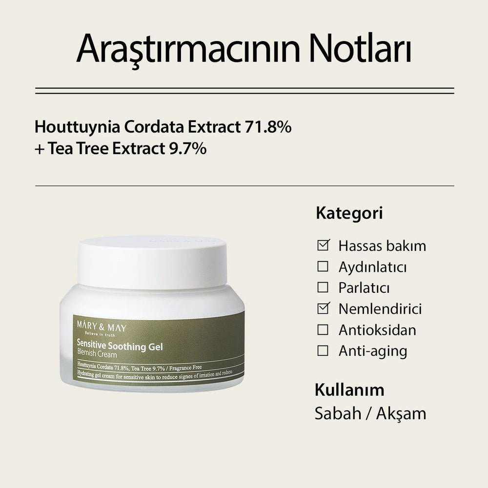 Hassasiyet ve Yağlanma Karşıtı Yatıştırıcı Nemlendirici Sensitive Soothing Gel Blemish Cream 70 gr - Mary & May - Vionine